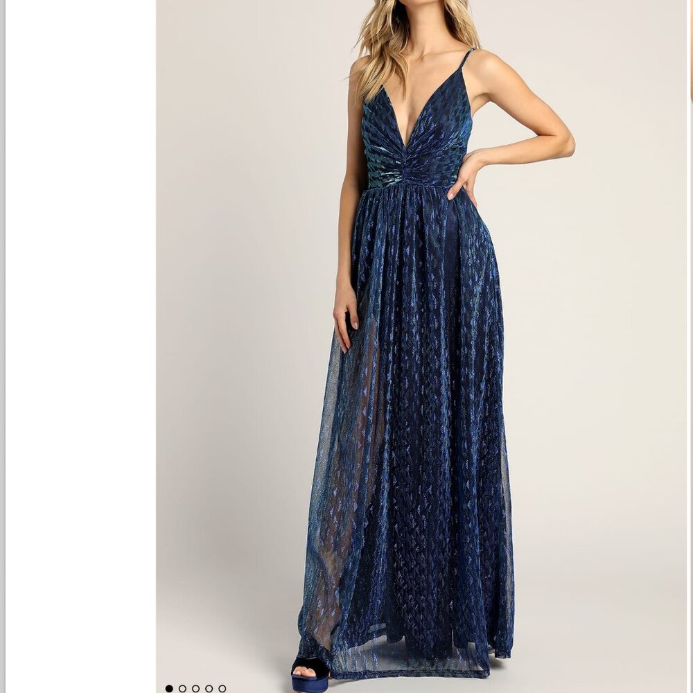 Lulus Beaming with Glam Blue Lurex Sleeveless Maxi Dress